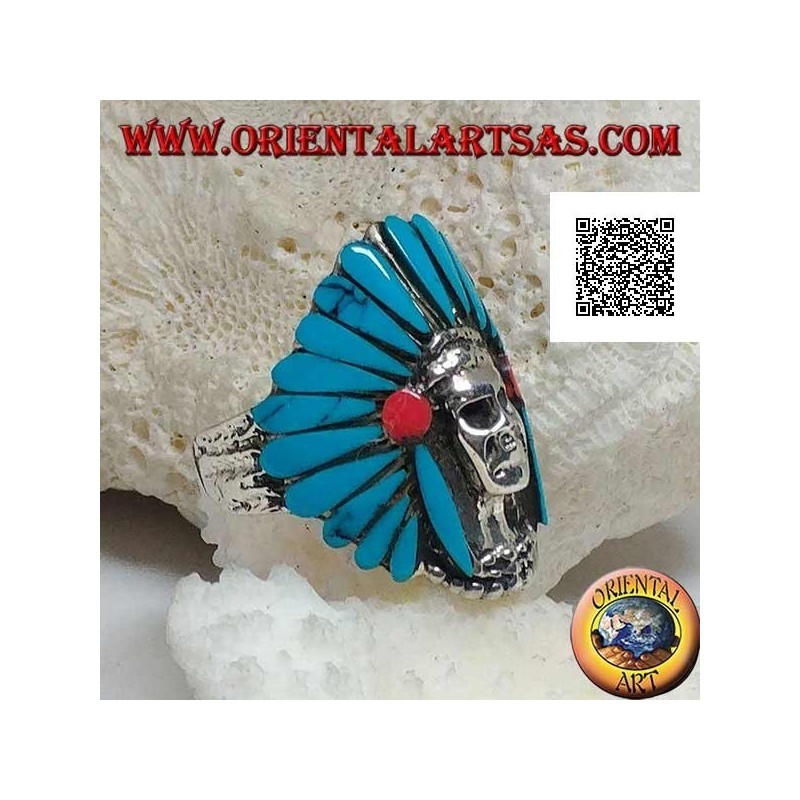 Bague en argent, crâne indien amérindien avec coiffe de plumes turquoise et disques de corail