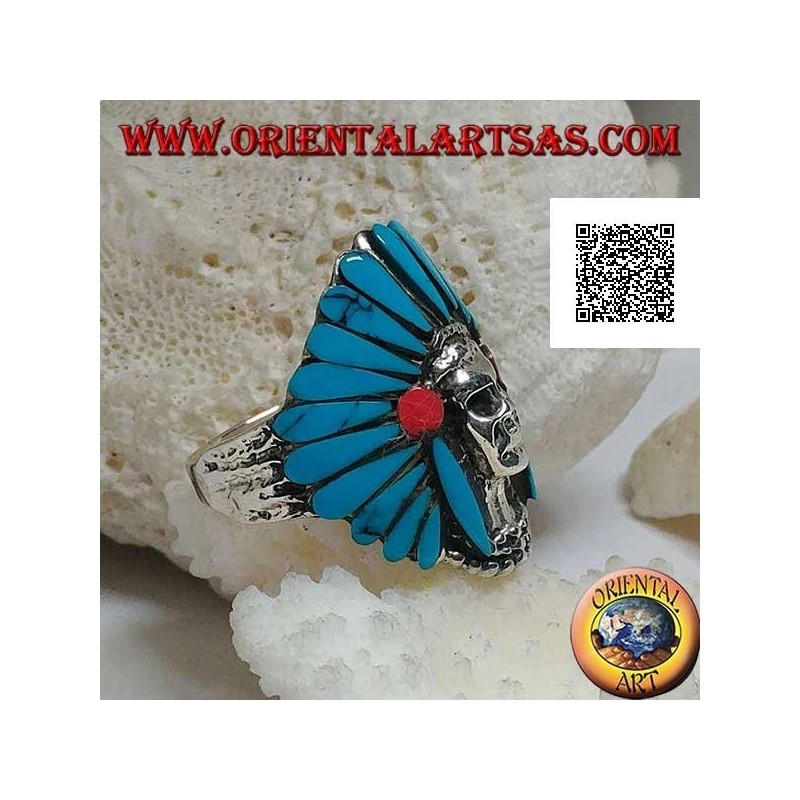 Silberring, indianischer Schädel mit türkisfarbenem Federkopfschmuck und Korallenscheiben
