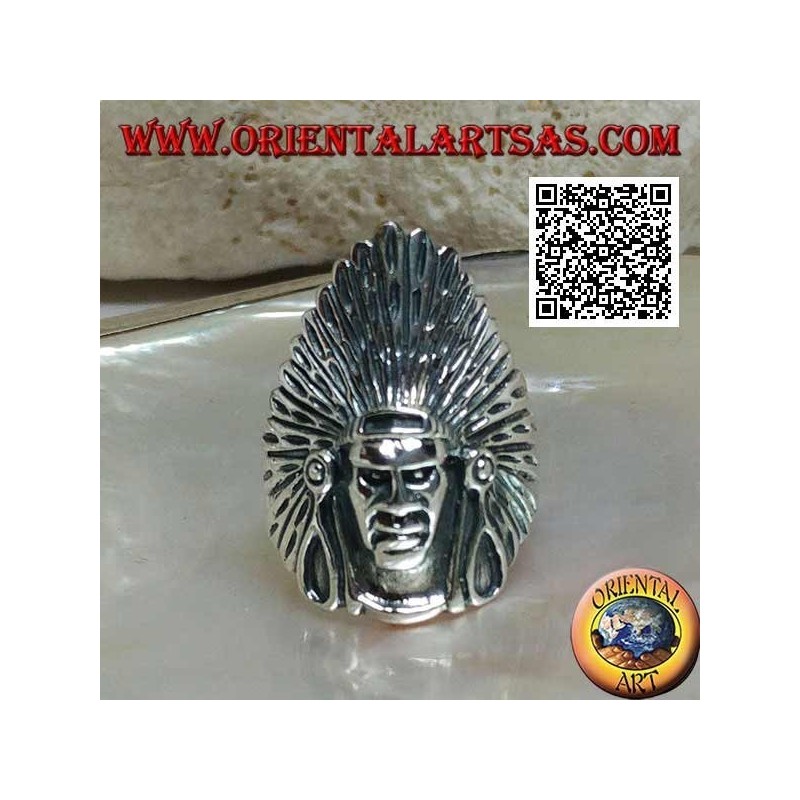 Silver Native American Indian head ring with tall feather headdress