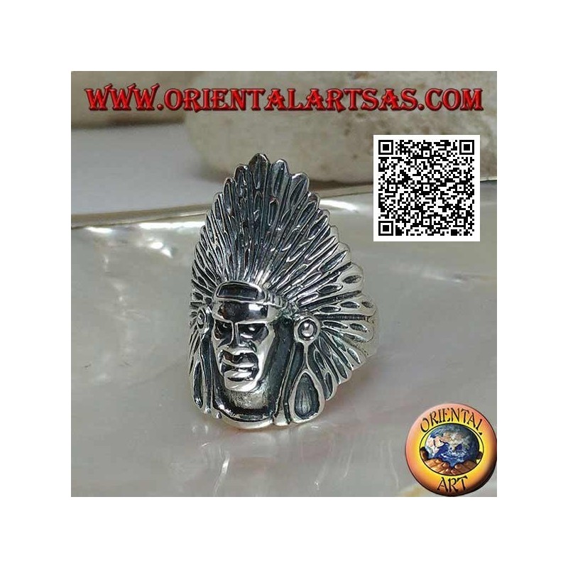 Anneau de tête indien amérindien en argent avec coiffe haute en plumes