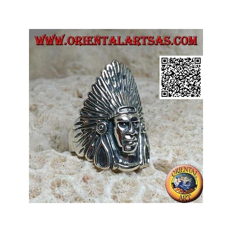 Silver Native American Indian head ring with tall feather headdress