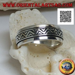 Anti-stress rotating silver ring, double broken line with engraved triangles