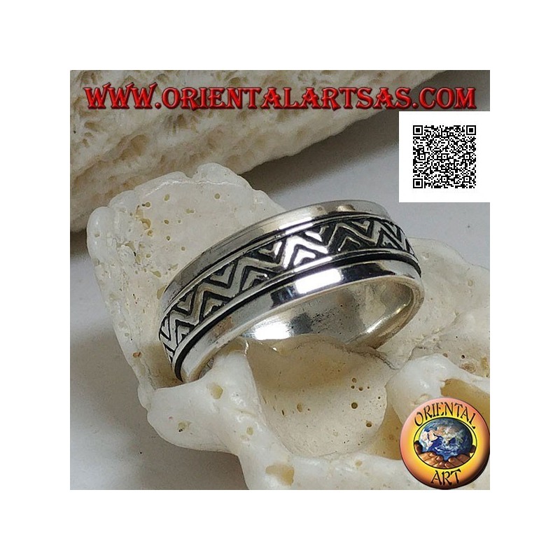 Anti-stress rotating silver ring, double broken line with engraved triangles