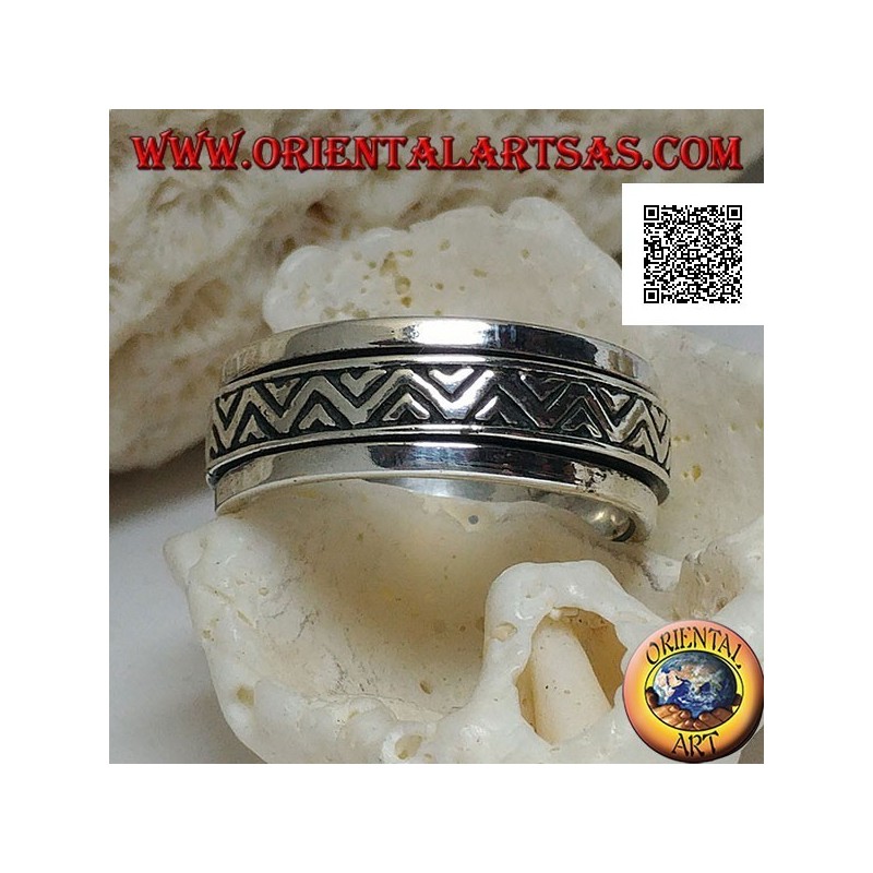 Bague en argent tournante anti-stress, double ligne brisée avec triangles gravés