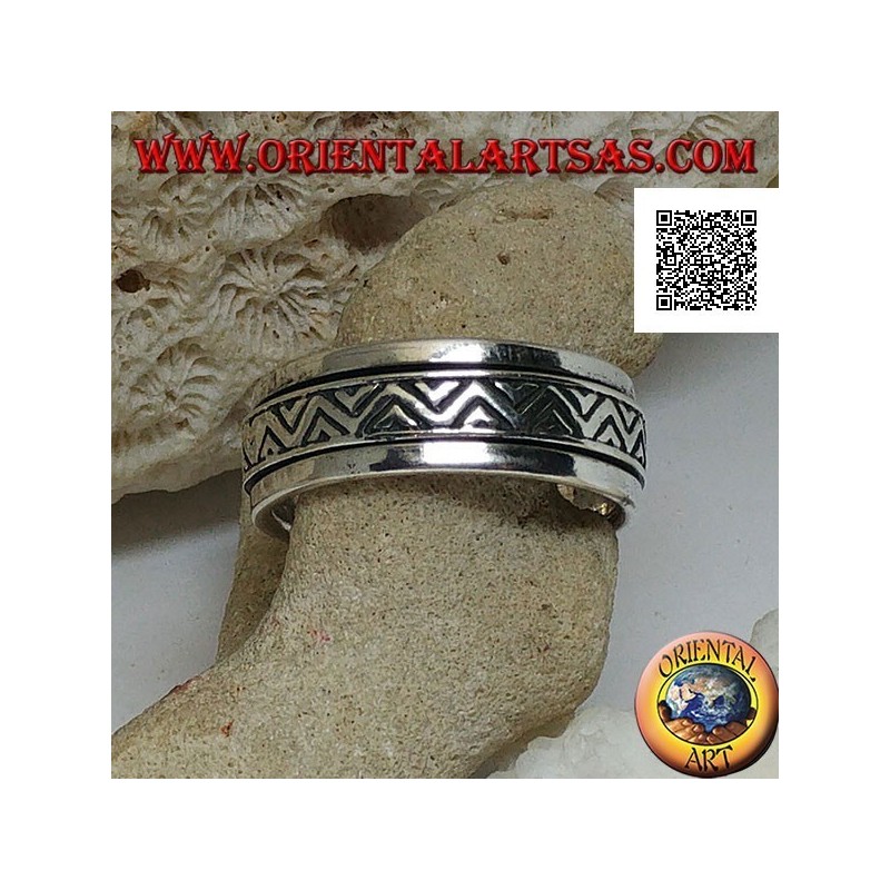 Anti-stress rotating silver ring, double broken line with engraved triangles