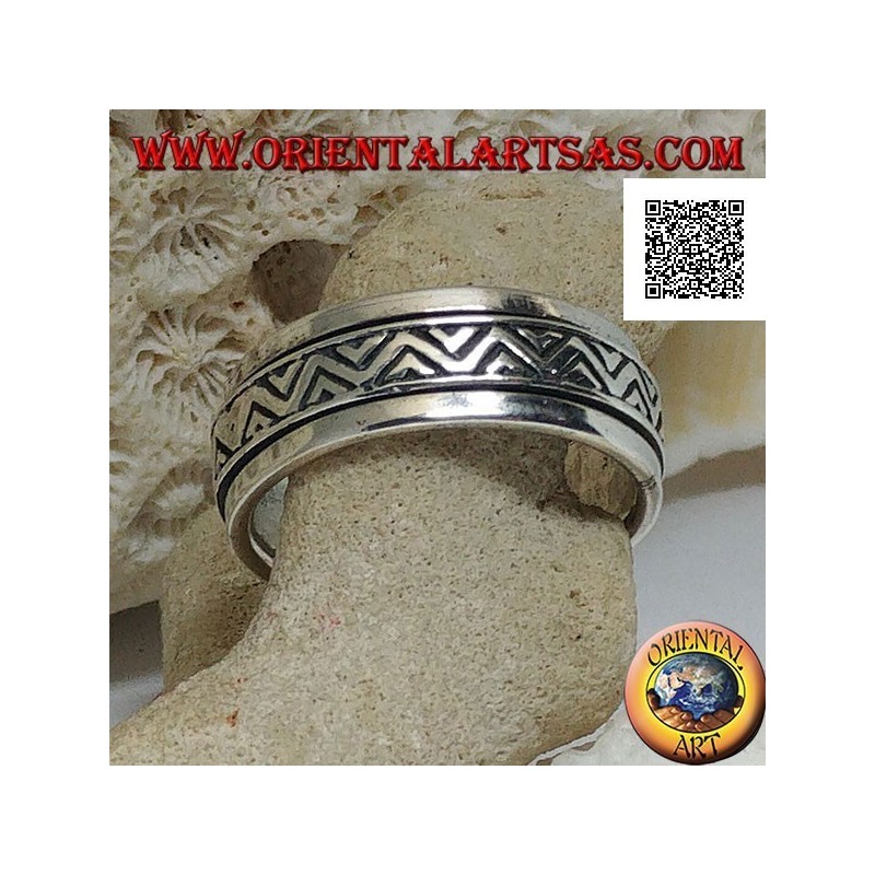 Anti-stress rotating silver ring, double broken line with engraved triangles