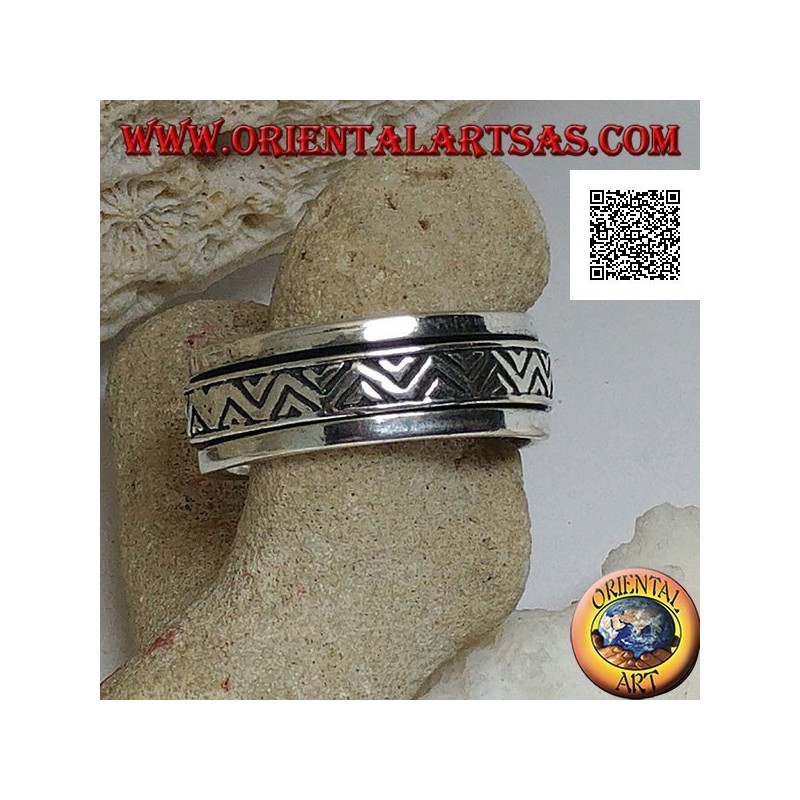 Anillo de plata giratorio antiestrés, doble línea discontinua con triángulos grabados