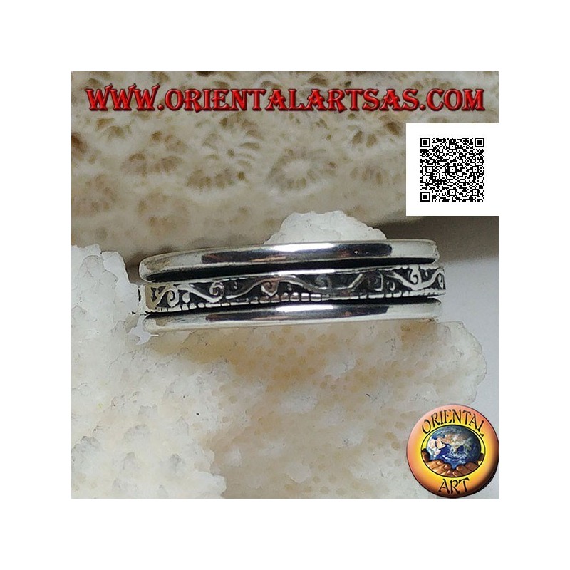 Bague tournante anti-stress en argent, vague avec spirales en bas-relief