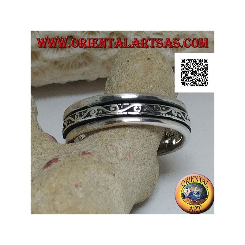 Anillo de plata giratorio antiestrés, ola con espirales en bajorrelieve