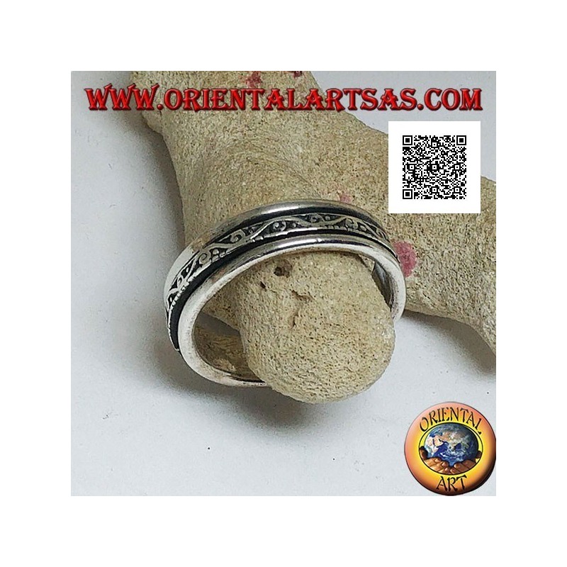 Bague tournante anti-stress en argent, vague avec spirales en bas-relief