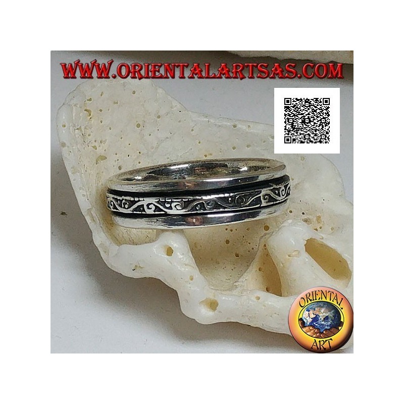 Anillo de plata giratorio antiestrés, ola con espirales en bajorrelieve
