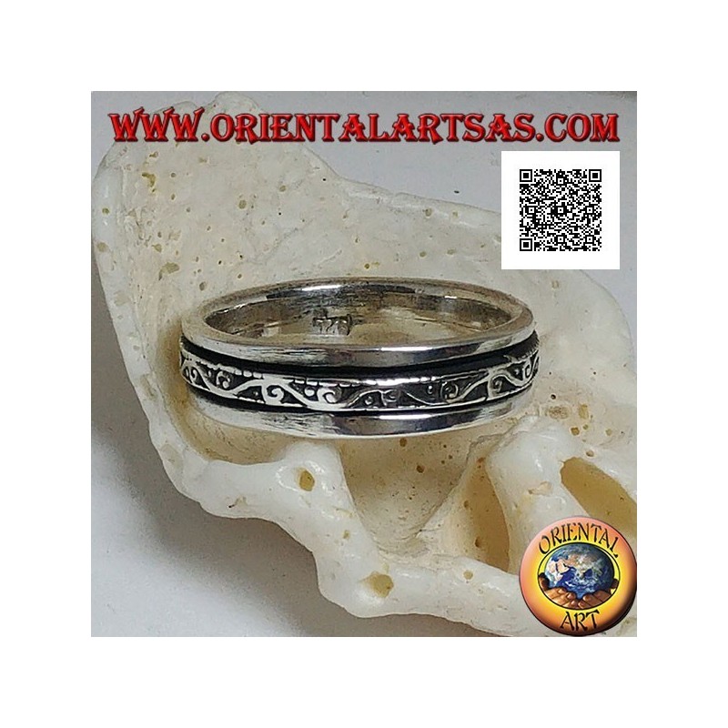 Bague tournante anti-stress en argent, vague avec spirales en bas-relief