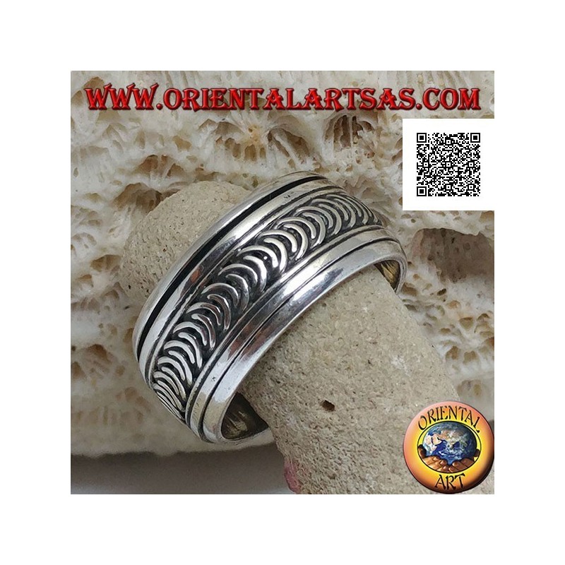 Anti-stress rotating silver ring, series of new or growing moons engraved