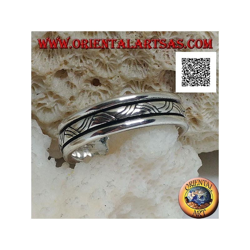 Anillo de plata giratorio antiestrés, entrelazado con tres líneas grabadas