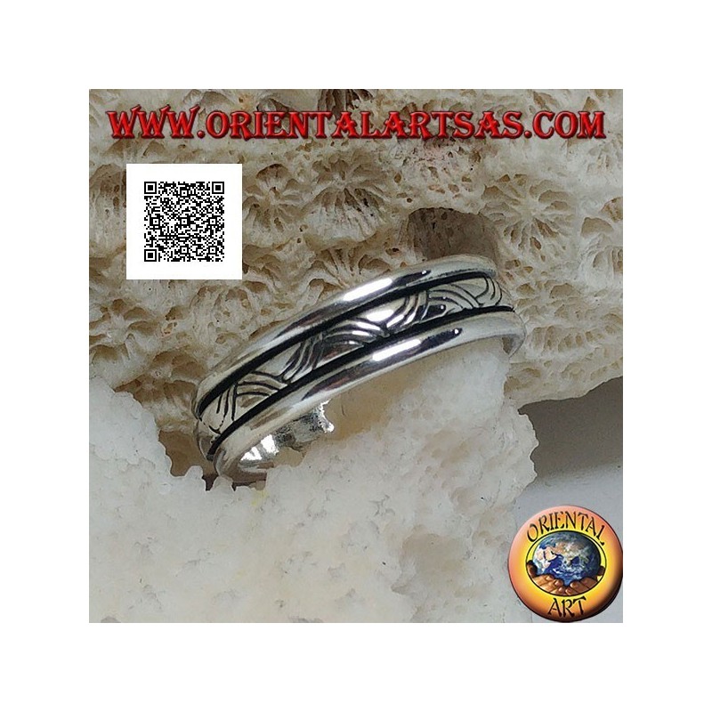 Bague en argent rotative anti-stress, entrelacée de trois lignes gravées