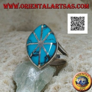 Silver shuttle ring with turquoise divided into eight parts silver lines