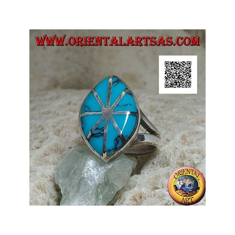 Bague navette en argent avec turquoise divisée en huit parties lignes argentées