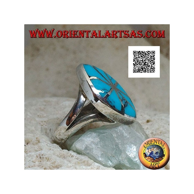 Silver shuttle ring with turquoise divided into eight parts silver lines