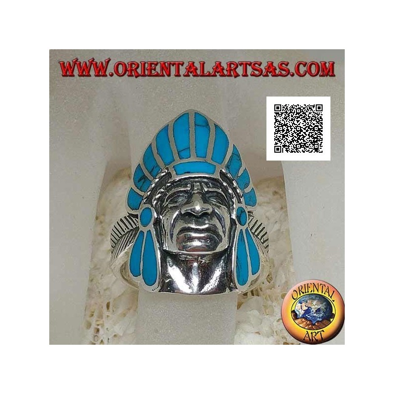Bague en argent, tête d'Indien amérindien avec coiffe de plumes turquoise et plume sur les côtés