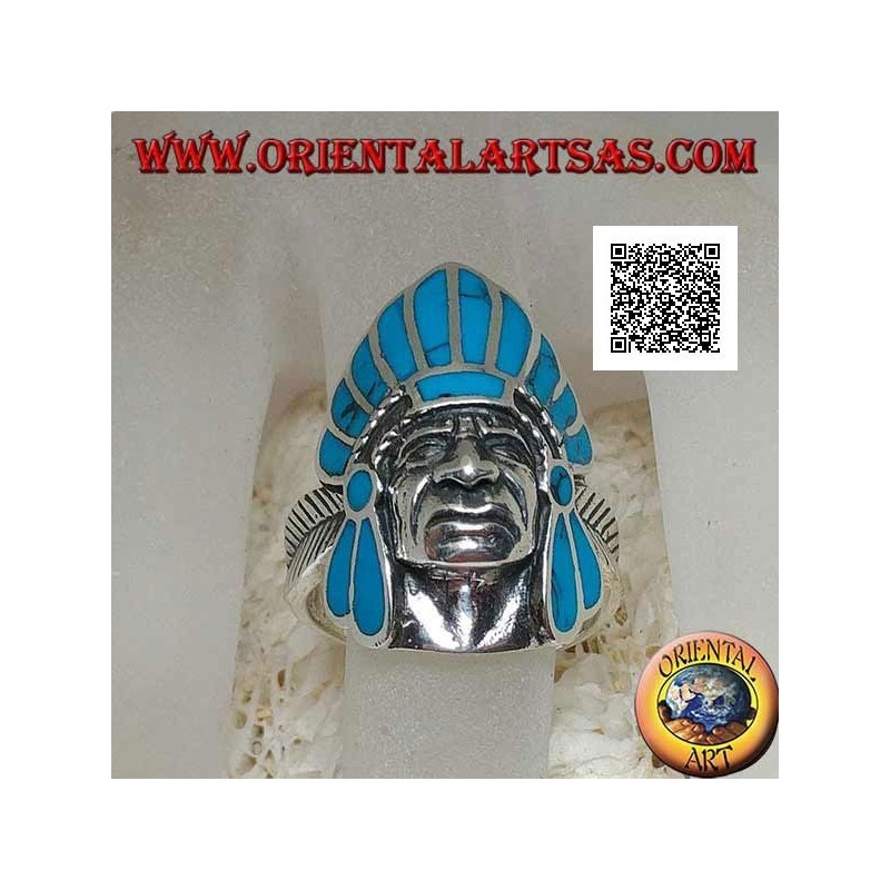 Bague en argent, tête d'Indien amérindien avec coiffe de plumes turquoise et plume sur les côtés