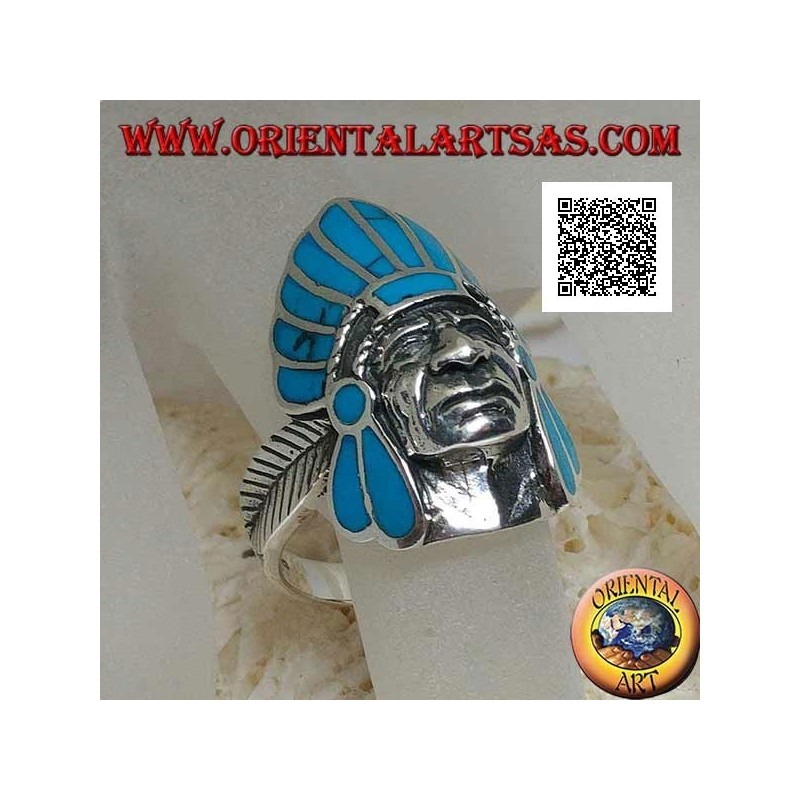 Silver ring, Native American Indian head with turquoise feather headdress and feather on the sides