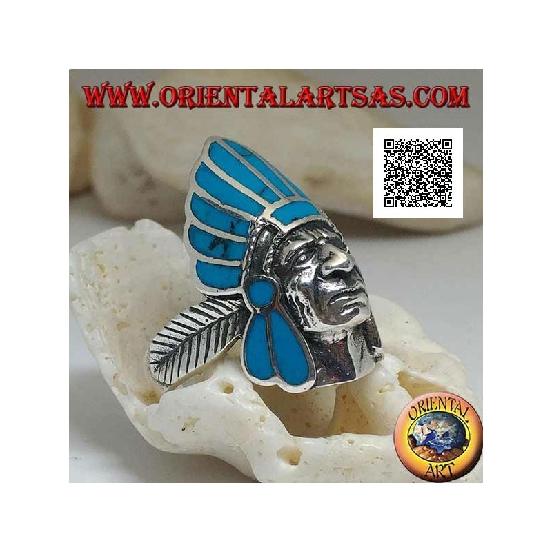 Anillo de plata, cabeza de indio nativo americano con tocado de plumas de concha de paua (abulón) y plumas a los lados