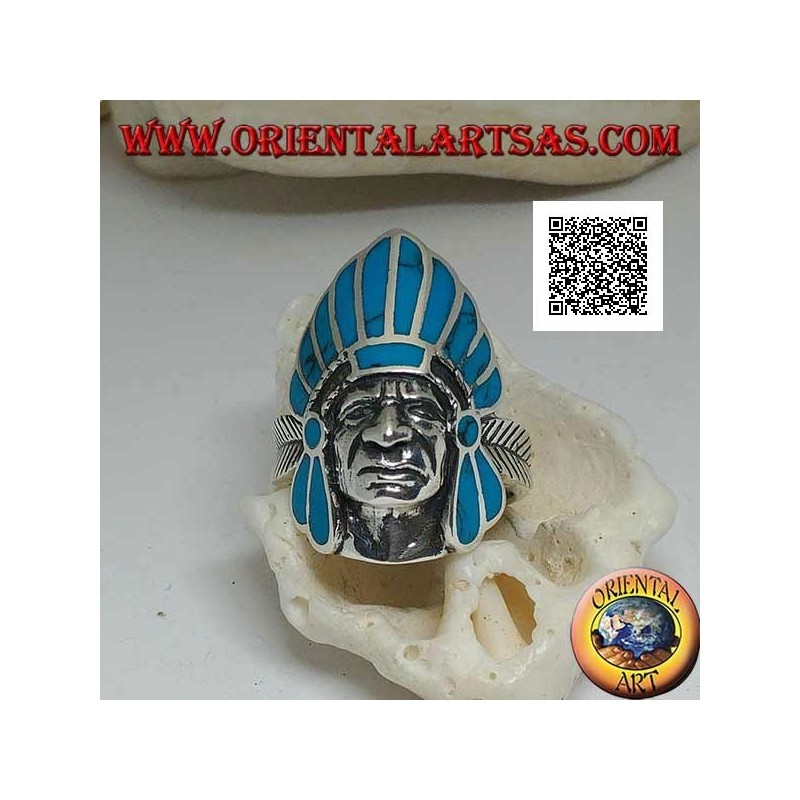 Silver ring, Native American Indian head with turquoise feather headdress and feather on the sides