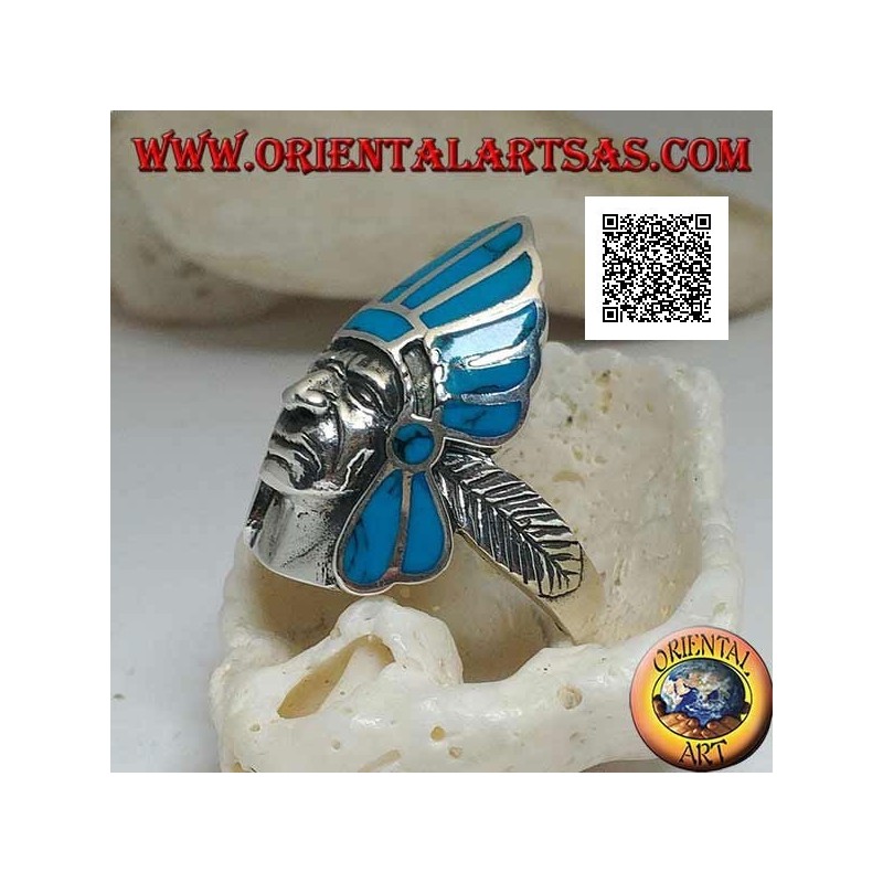 Silver ring, Native American Indian head with turquoise feather headdress and feather on the sides