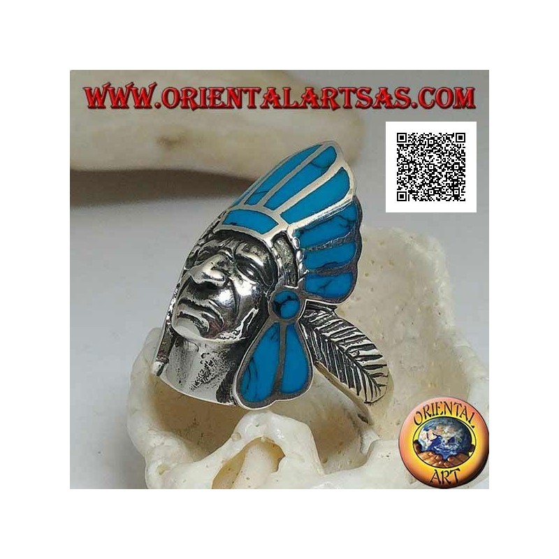 Anello in argento, testa di un Indiano nativo d'America con copricapo di piume di turchese e piuma sui lati