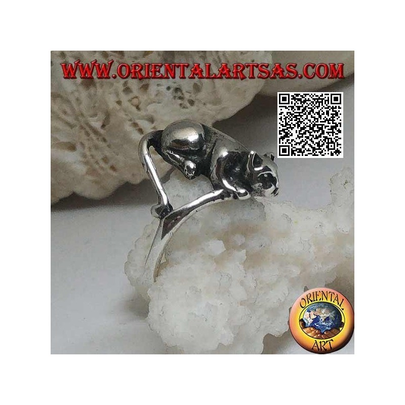 Silver ring with cat lying in an offensive position ready to jump