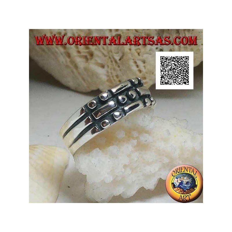 Anillo de plata con rectángulos y pares de círculos damero en bajorrelieve