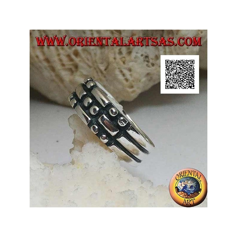 Anillo de plata con rectángulos y pares de círculos damero en bajorrelieve