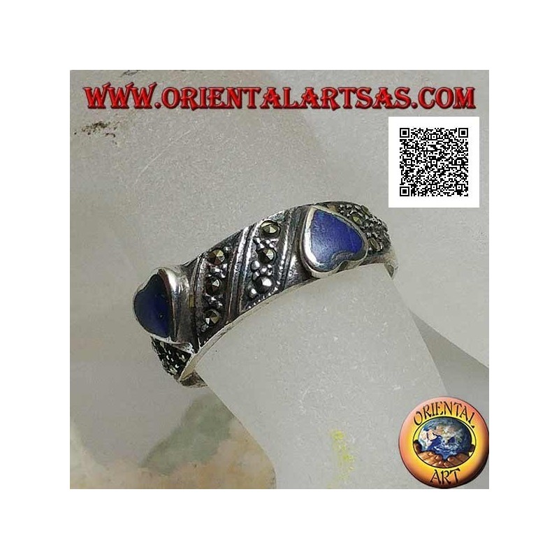 Silver ring with natural lapis lazuli hearts in relief on oblique processing with marcasite