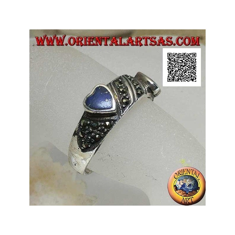 Silver ring with natural lapis lazuli hearts in relief on oblique processing with marcasite
