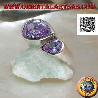 Rhodiumsilberring mit doppeltem spiegelnden Tropfen facettierter amethystfarbener Zirkone