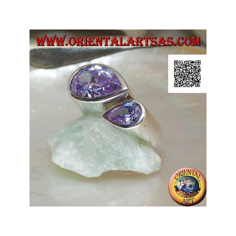 Bague en argent rhodié avec double goutte spéculaire de zircons facettés couleur améthyste