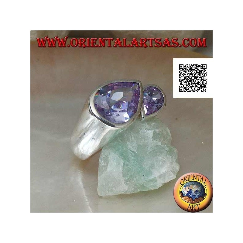 Rhodium silver ring with double specular drop of faceted amethyst-colored zircons