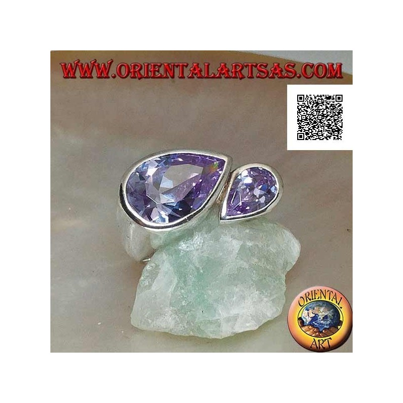 Bague en argent rhodié avec double goutte spéculaire de zircons facettés couleur améthyste