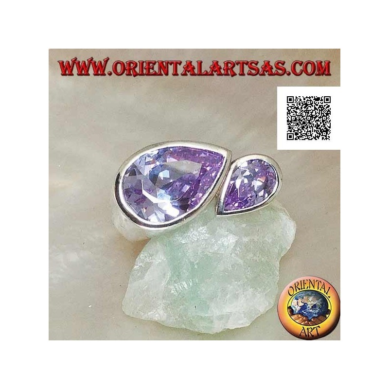 Anillo de plata rodiada con doble gota especular de circonitas facetadas color amatista