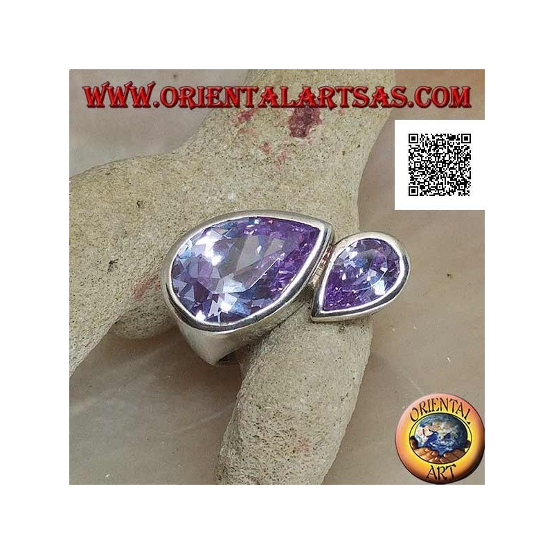 Rhodiumsilberring mit doppeltem spiegelnden Tropfen facettierter amethystfarbener Zirkone