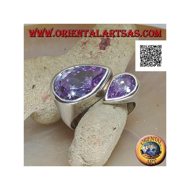 Anello in argento rodiato con doppia goccia speculare di zirconi color ametista sfaccettati