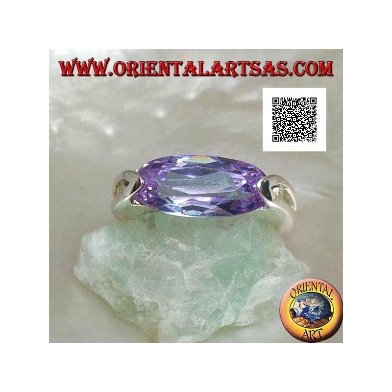 Rhodium-plated silver ring with horizontal oval faceted amethyst zircon