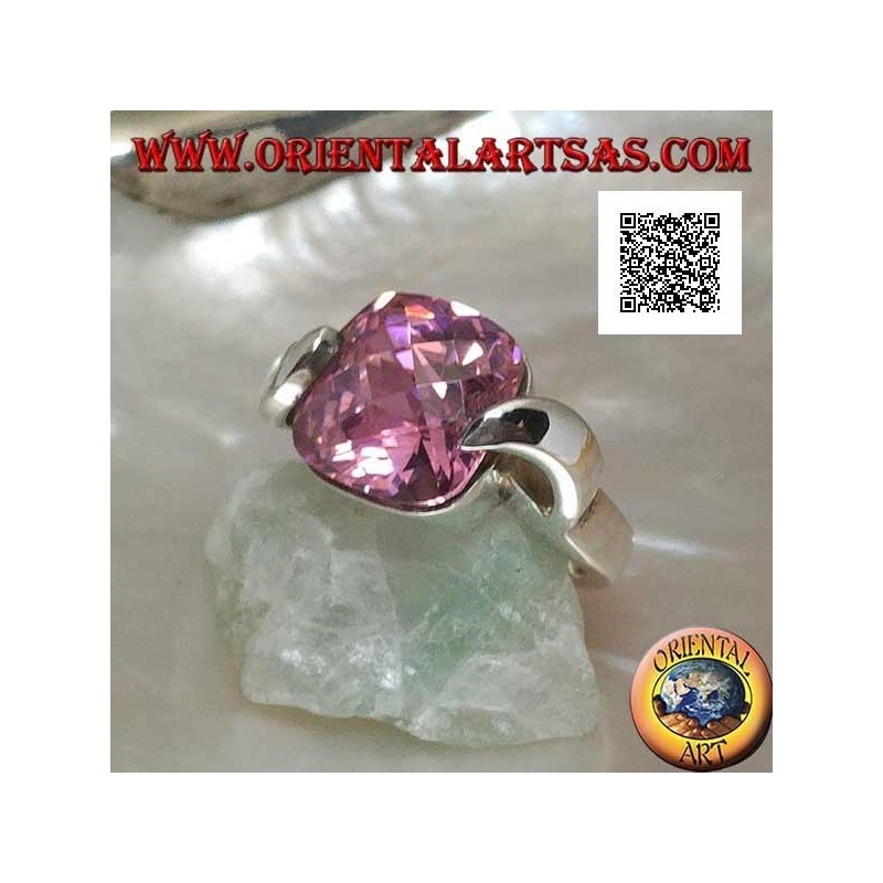 Anillo de plata rodiada con circonita facetada cuadrada rosa enganchada en dos lados