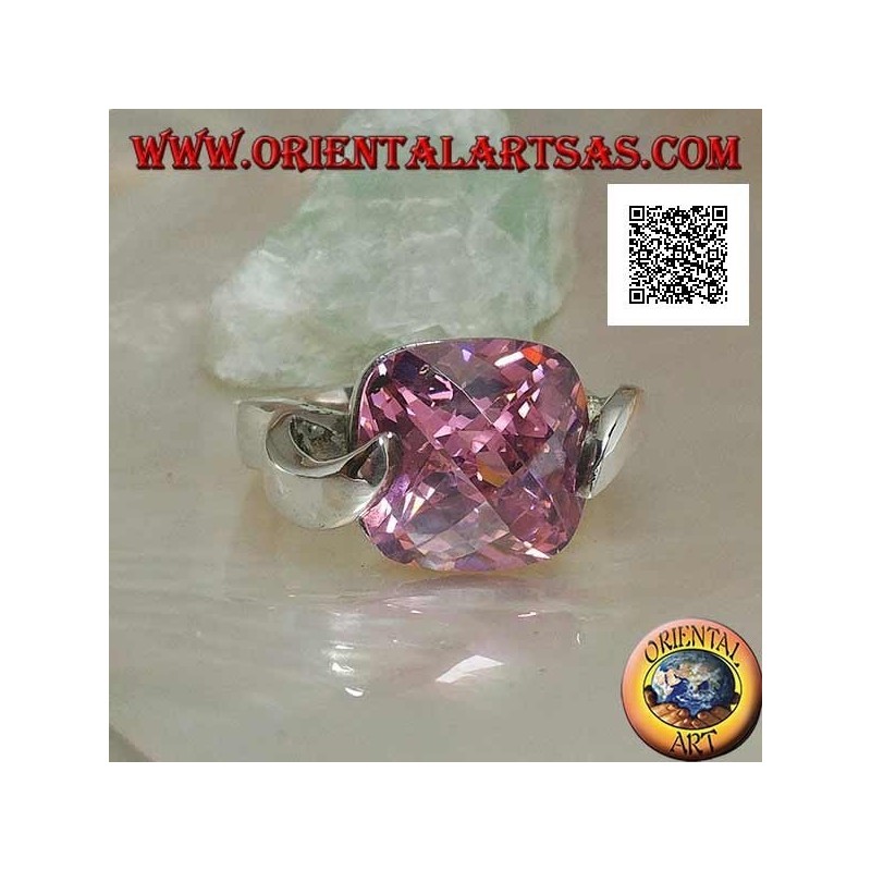 Rhodium silver ring with pink square faceted zircon hooked on two sides