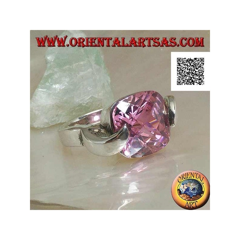 Anello in argento rodiato con zircone sfaccettato quadrato rosa agganciato da due lati