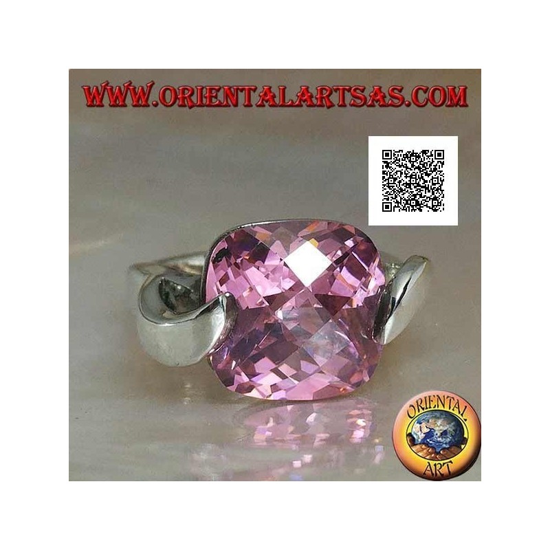 Rhodium silver ring with pink square faceted zircon hooked on two sides
