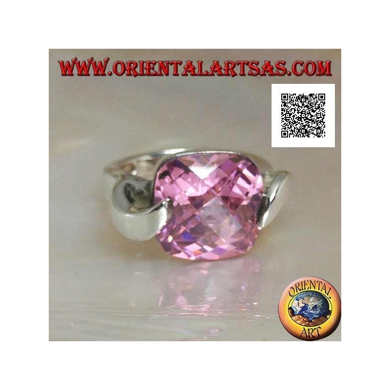 Rhodium silver ring with pink square faceted zircon hooked on two sides