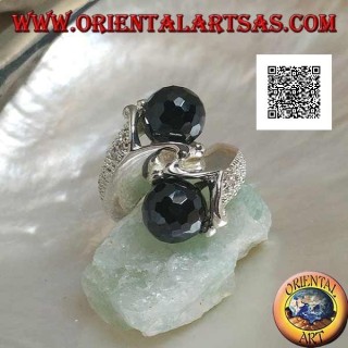 Two-arm rhodium silver ring with two faceted spinel zircon spheres