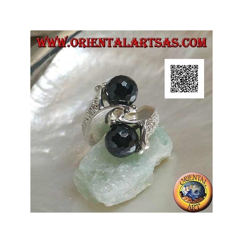 Bague en argent rhodié à deux bras avec deux sphères zircon spinelle facettées