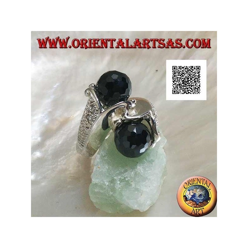 Anello in argento rodiato a due braccia con due sfere di zircone spinello sfaccettato